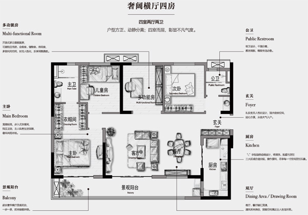  万科翡翠天骄主推建面约130㎡四室两厅两卫户型-中国网地产
