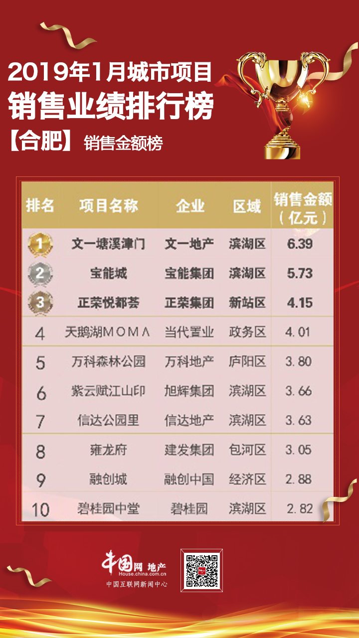 重磅 | 2019年1月合肥单项目销售业绩TOP10-中国网地产