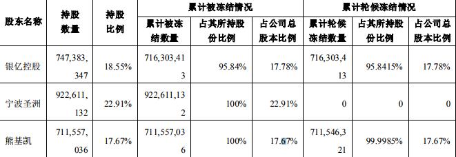 ST银亿：股东熊基凯7.12亿股股份被冻结 占公司总股本17.67%-中国网地产