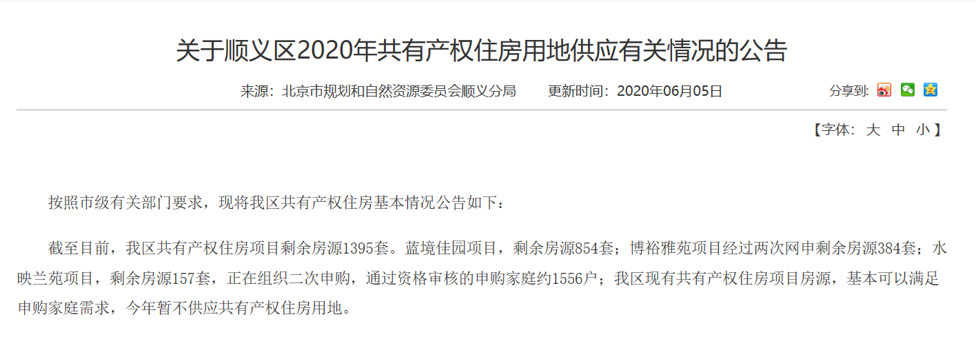 2020年北京市顺义区暂不供应共有产权房用地-中国网地产