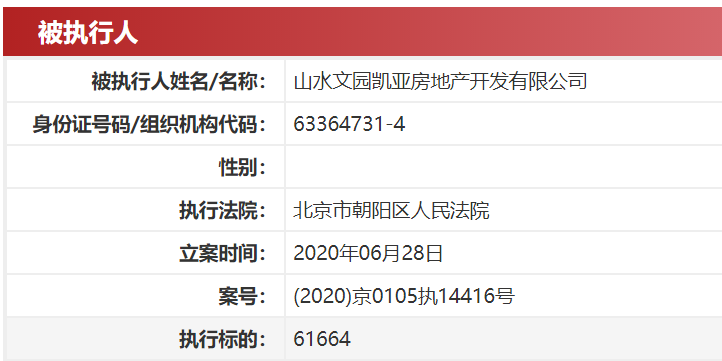 山水文园再被列为被执行人 执行标的61664元-中国网地产