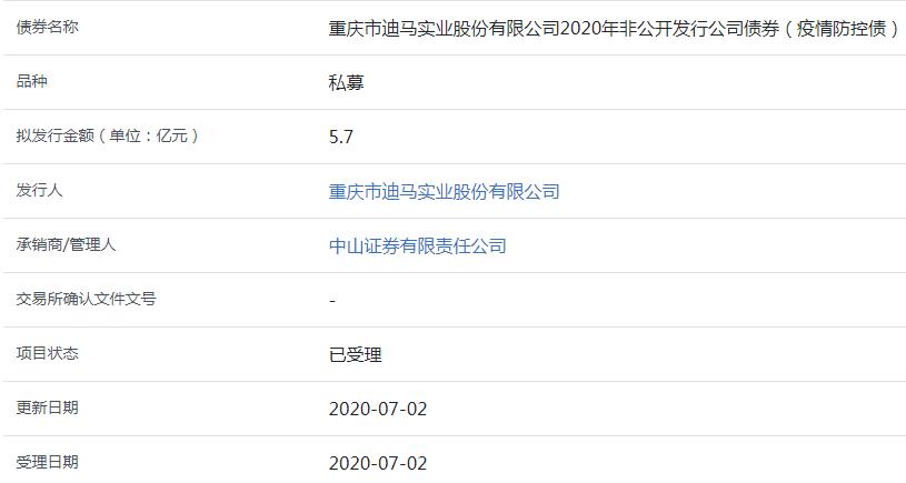 迪马实业5.7亿元公司债券（疫情防控债）已获上交所受理-中国网地产