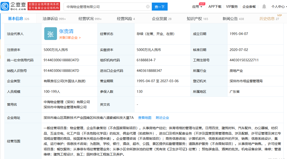中海物业工商信息变更：新增张贵清为董事长 杨鸥退出-中国网地产