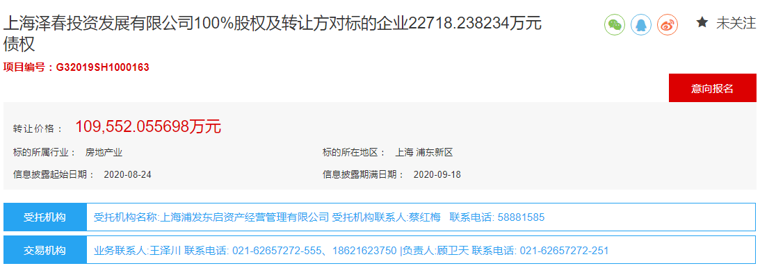 上海张江挂牌转让泽春投资100%股权及债权 底价10.95亿元-中国网地产