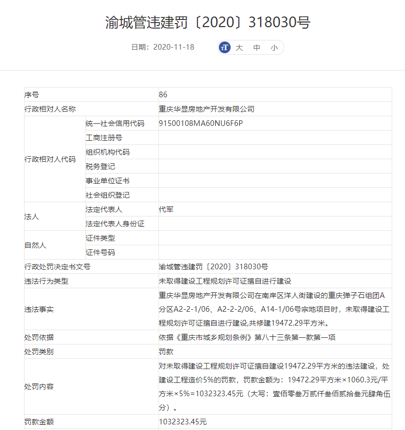 华发重庆项目未取得施工许可擅自开工建设 被罚103万元-中国网地产