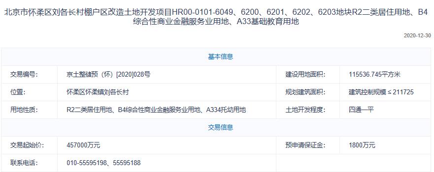 北京怀柔45.7亿元挂牌1宗预申请地块-中国网地产