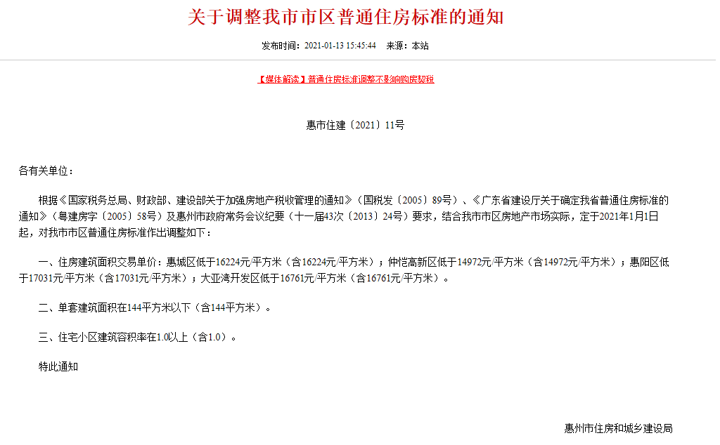 惠州：调整市区普通住房标准-中国网地产