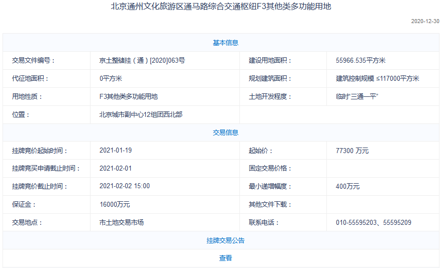 首发集团7.73亿元摘得北京通州文化旅游区一宗多功能用地-中国网地产