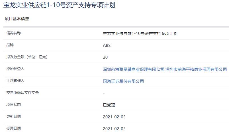 宝龙实业20亿元资产支持ABS已获上交所受理-中国网地产
