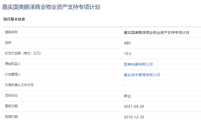 嘉实国美鹏泽商业物业10.5亿元资产支持ABS被上交所终止-中国网地产